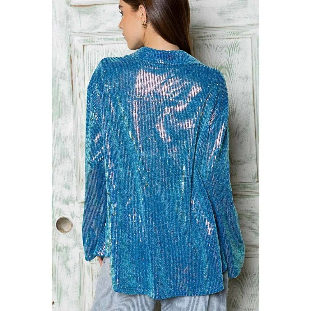 Life's a Party Sequin Button-Up Shirt in Ocean Blue - Picture 6 of 11